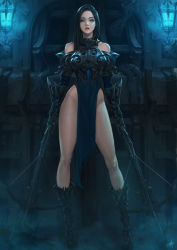 Rule 34 | 1girl, absurdres, armor, armored dress, bare hips, bare shoulders, black hair, blue dress, blue eyes, bow (weapon), cherrylich, contrapposto, crossbow, daeho cha, dress, dual wielding, full body, gauntlets, greaves, groin, highres, holding, indoors, lips, long hair, long legs, looking at viewer, no panties, original, parted bangs, parted lips, pelvic curtain, side slit, sleeveless, sleeveless dress, solo, standing, weapon