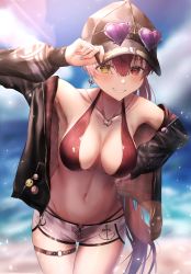 Rule 34 | 1girl, anchor symbol, armpits, bikini, bikini under clothes, black headwear, black jacket, blurry, blurry background, blush, breasts, chroufreestyle014, cleavage, collarbone, cowboy shot, dolphin shorts, goggles, goggles on head, grin, hair between eyes, hand on headwear, heart, heart-shaped eyewear, heart necklace, highres, hololive, houshou marine, houshou marine (summer), jacket, jewelry, large breasts, long hair, long sleeves, looking at viewer, multicolored hair, navel, necklace, o-ring, o-ring thigh strap, off shoulder, red bikini, red eyes, red hair, short shorts, shorts, smile, stomach, streaked hair, swimsuit, teeth, thigh strap, virtual youtuber, yellow eyes