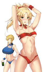Rule 34 | 2girls, absurdres, ahoge, armpits, artoria pendragon (fate), artoria pendragon (lancer) (fate), bare shoulders, blonde hair, blue panties, blush, bra, braid, breasts, can, cleavage, collarbone, commentary request, crown, fate/apocrypha, fate/grand order, fate (series), green eyes, hair between eyes, hair ornament, hair scrunchie, highres, holding, holding can, huge breasts, long hair, looking at viewer, mature female, medium breasts, monster energy, mordred (fate), mordred (fate/apocrypha), mother and daughter, multiple girls, navel, nekosama shugyouchuu, open mouth, panties, parted bangs, ponytail, red bra, red panties, red scrunchie, scrunchie, sidelocks, simple background, underwear, white background