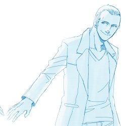 Rule 34 | 1girl, :&gt;, armkreuz, blue theme, doctor who, jacket, male focus, monochrome, ninth doctor, short hair, the doctor