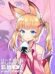 Rule 34 | 1girl, :p, animal ear fluff, animal ears, bell, blonde hair, blue eyes, detached sleeves, food, food on face, fox ears, fox tail, hair ornament, hairclip, jingle bell, kemomimi oukoku kokuei housou, licking lips, long hair, mikoko (kemomimi oukoku kokuei housou), onigiri, open clothes, open shirt, pink shirt, ribbon, rice, shirt, smile, solo, tail, tongue, tongue out, twintails, upper body, virtual youtuber