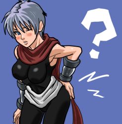 Rule 34 | 1girl, ?, arc the lad, arc the lad ii, blue background, blush, breasts, gender request, genderswap, hand on ass, ike ko, large breasts, looking at viewer, one eye closed, pain, shu (arc the lad), simple background, solo