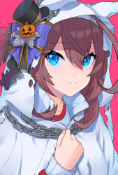 Rule 34 | 1girl, aki yamane, animal ears, black hat, blue eyes, bow, brown hair, chain, closed mouth, commentary, ghost costume, hair bow, hair ornament, halloween, halloween costume, hat, highres, hood, hood up, horse girl, jack-o&#039;-lantern, jack-o&#039;-lantern hair ornament, long hair, long sleeves, looking at viewer, mihono bourbon (ghosty and the magic of halloween) (umamusume), mihono bourbon (umamusume), mini hat, mini top hat, pink background, purple bow, simple background, smile, solo, tilted headwear, top hat, twitter username, umamusume