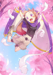 Rule 34 | 1girl, :d, animal ears, brown hair, cape, cherry blossoms, facial mark, fang, fox ears, fox tail, fred04142, looking at viewer, open mouth, original, petals, purple eyes, scroll, short hair, shorts, smile, tail