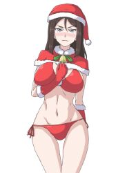 Rule 34 | 1girl, acchan, arm behind back, bell, bikini, black hair, blue eyes, blush, breasts, capelet, christmas, closed mouth, commentary, cowboy shot, frown, fur-trimmed capelet, fur trim, girls und panzer, glaring, gloves, groin, hat, holly, large breasts, long hair, looking at viewer, navel, neck bell, nonna (girls und panzer), red bikini, red capelet, red gloves, red hat, santa gloves, santa hat, side-tie bikini bottom, simple background, solo, standing, swept bangs, swimsuit, thigh gap, white background