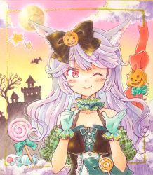 Rule 34 | 1girl, animal ears, artist name, bare tree, bat (animal), bow, candy, choker, closed mouth, cloud, cloudy sky, commentary, dress, food, frilled choker, frills, full moon, gloves, green bow, green choker, green dress, green gloves, hair bow, hair ornament, halloween, halloween costume, halterneck, highres, index finger raised, jack-o&#039;-lantern, jack-o&#039;-lantern hair ornament, lollipop, long hair, looking at viewer, marker (medium), minami kawa, moon, night, off-shoulder dress, off shoulder, original, puffy short sleeves, puffy sleeves, purple hair, rabbit ears, rabbit girl, red eyes, scan, short sleeves, signature, sky, smile, solo, star (symbol), traditional media, tree, upper body, wavy hair