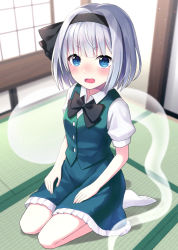 1girl, bangs, black bow, black hairband, black neckwear, black ribbon, blue eyes, blurry, blurry background, blush, bob cut, bow, bowtie, breasts, buttons, collared shirt, commentary request, d:, eyebrows visible through hair, from above, green skirt, green vest, hair ribbon, hairband, indoors, konpaku youmu, konpaku youmu (ghost), looking at viewer, nose blush, open mouth, puffy short sleeves, puffy sleeves, ribbon, seiza, shirt, short hair, short sleeves, silver hair, sitting, skirt, small breasts, solo, suzuno naru, tatami, touhou, v-shaped eyebrows, vest, white legwear, white shirt