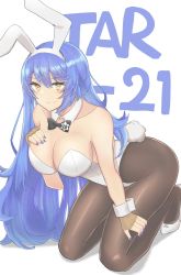 Rule 34 | 1girl, animal ears, blue hair, bow, bowtie, brown pantyhose, character name, commission, detached collar, fake animal ears, fake tail, fingerless gloves, girls&#039; frontline, gloves, hair between eyes, hand on own chest, hand on own thigh, hand on thigh, hexagram, high heels, highres, leotard, long hair, looking at viewer, murota (mrt0818), nail polish, official alternate costume, pantyhose, pixiv commission, playboy bunny, rabbit ears, rabbit tail, shoes, simple background, smile, solo, strapless, strapless leotard, tail, tar-21 (girls&#039; frontline), tar-21 (night at the bar) (girls&#039; frontline), white background, white footwear, white leotard, wrist cuffs, yellow eyes