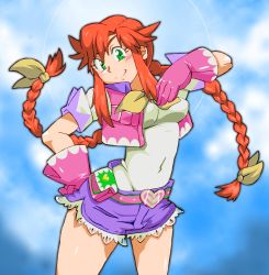 Rule 34 | 1girl, belt, blue background, blue shorts, braid, covered navel, gloves, green eyes, long hair, onnaski, pink gloves, rebecca streisand, red hair, shirt, short shorts, shorts, sidelocks, smile, solo, taut clothes, twin braids, twintails, vest, cowboy western, wild arms, wild arms 5