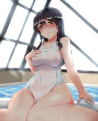 Rule 34 | 1girl, bare shoulders, black hair, blush, breasts, competition swimsuit, embarrassed, covered erect nipples, hair ornament, highleg, highres, indoors, kantai collection, long hair, looking at viewer, medium breasts, nipples, one-piece swimsuit, oyashio (kancolle), poolside, rei no pool, sekino takehiro, sitting, solo, swimsuit, wet, white one-piece swimsuit, yellow eyes