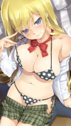 Rule 34 | 1girl, bikini, bikini under clothes, black bikini, black socks, blonde hair, blouse, blue eyes, blush, bow, bowtie, breasts, buttoned cuffs, buttons, cleavage, clothes pull, collared shirt, female focus, from above, half-closed eyes, happoubi jin, head tilt, highres, indoors, jpeg artifacts, kneehighs, large breasts, long hair, miniskirt, navel, open clothes, open shirt, plaid, plaid skirt, polka dot, polka dot bikini, polka dot swimsuit, red bow, red bowtie, shirt, side-tie bikini bottom, sitting, skirt, smile, socks, solo, strap pull, swimsuit, very long hair, wariza, white shirt