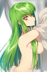 Rule 34 | 1girl, arm up, breasts, brown eyes, c.c., code geass, convenient censoring, creayus, from side, green hair, hair over shoulder, leaning forward, long hair, looking at viewer, medium breasts, no bra, parted lips, sidelocks, solo, sweat, topless, undressing