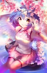 Rule 34 | 1girl, angel, angel wings, arm at side, armpits, bare shoulders, blue hair, blurry, blush, breasts, cherry blossoms, closed mouth, collared shirt, depth of field, facial tattoo, feathered wings, flower, flower wreath, frilled skirt, frills, hair flower, hair ornament, head wreath, highres, large breasts, lips, original, pink flower, pink skirt, pink thighhighs, pleated skirt, red ribbon, ribbon, shirt, short hair, simple background, skirt, sleeveless, sleeveless shirt, solo, squchan, tareme, tattoo, thighhighs, white shirt, white wings, wings, wrist cuffs, yellow eyes, zettai ryouiki