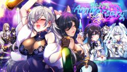 Rule 34 | 1boy, 6+girls, alcohol, animal ears, artist request, bare shoulders, black hair, blue eyes, blush, bottle, breasts, brown hair, carmen (counter:side), closed eyes, counter:side, cup, diadem, drinking glass, drunk, english text, fang, feather boa, fishnet gloves, fishnets, gloves, gold, gremory (counter:side), hair ornament, highres, hilde (counter:side), horizon (counter:side), joo shiyoon, large breasts, leotard, long hair, maestra nequitia, momo (counter:side), multiple girls, neon lights, nicole primer, one eye closed, one eye covered, open mouth, party, red eyes, see-through, see-through leotard, serious, shin jia, smile, table, white hair, wine glass