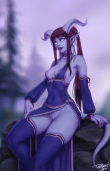 Rule 34 | 1girl, blue choker, blue dress, blue skin, blue thighhighs, breasts, breasts out, choker, cleft of venus, clothing aside, colored skin, detached sleeves, draenei, dress, highres, horns, long sleeves, looking at viewer, medium breasts, monster girl, nipples, outdoors, parted lips, pelvic curtain, pelvic curtain aside, personal ami, pine tree, pointy ears, ponytail, presenting, pussy, red hair, signature, sitting, sleeve ribbon, smile, solo, tail, tail ornament, tail ring, tentacles, thighhighs, tree, uncensored, warcraft, white eyes, world of warcraft