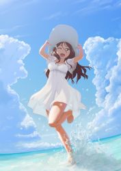 Rule 34 | 10s, 1girl, arms up, barefoot, cloud, day, dress, dutch angle, hair ornament, hairclip, hands on headwear, happy, hat, highres, long hair, looking at viewer, love live!, love live! sunshine!!, ocean, one eye closed, open mouth, outdoors, red hair, sakurauchi riko, see-through silhouette, sky, smile, solo, splashing, standing, standing on one leg, sundress, une, water, white dress, white hat, yellow eyes