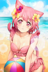Rule 34 | 1girl, animal ears, ball, bare arms, beach, beachball, bikini, blush, borrowed character, bow, breasts, cat ears, cat tail, cleavage, collarbone, cowboy shot, day, flower, gift art, hair flower, hair ornament, heart, holding, holding ball, horizon, kaze-hime, lens flare, looking at viewer, medium breasts, ocean, original, outdoors, pink bikini, pink eyes, pink hair, red flower, short hair, solo, swimsuit, tail, yellow flower