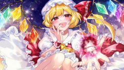 Rule 34 | ascot, blonde hair, collared shirt, crystal, crystal wings, energy ball, fang, flandre scarlet, frilled shirt collar, frilled skirt, frilled sleeves, frills, hat, hat ribbon, highres, katayama kei, looking at viewer, mob cap, open mouth, puffy short sleeves, puffy sleeves, red eyes, red ribbon, red skirt, red vest, ribbon, shirt, short hair, short sleeves, skirt, skirt set, slit pupils, smile, touhou, vest, white hat, white shirt, wings, yellow ascot