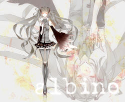 Rule 34 | 1girl, albino (vocaloid), alternate hair color, bad id, bad pixiv id, boots, detached sleeves, feathers, female focus, full body, glowing, glowing eyes, grey hair, grey theme, harpy, hatsune miku, kadan, legs, long hair, long legs, monster girl, necktie, red eyes, skirt, solo, thigh boots, thighhighs, twintails, very long hair, vocaloid, wings, zoom layer