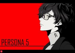 Rule 34 | 1boy, absurdres, amamiya ren, chris re5, copyright name, from side, glasses, greyscale, hair over one eye, highres, letterboxed, male focus, monochrome, persona, persona 5, profile, red background, signature, solo, spot color, turtleneck, wavy hair