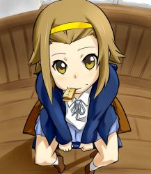 Rule 34 | 1girl, bad id, bad pixiv id, brown eyes, brown hair, cookie, food, from above, hairband, headband, k-on!, looking up, mouth hold, nuezou, school uniform, short hair, sitting, skirt, solo, tainaka ritsu