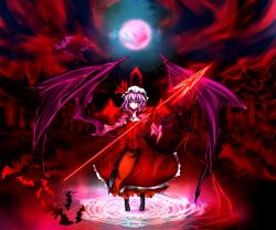 Rule 34 | 1girl, absurdres, acryl, bat (animal), bat wings, capelet, dress, female focus, floral print, forest, full moon, hat, hat ribbon, highres, jewelry, magic circle, moon, nature, necklace, night, purple hair, red dress, red eyes, remilia scarlet, ribbon, scarlet devil mansion, smile, solo, spear the gungnir, too many, touhou, wings