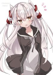 Rule 34 | 1girl, ^^^, amatsukaze (kancolle), arms behind back, brown eyes, coat, cowboy shot, dress, fathom, grey coat, hair tubes, highres, hood, hooded coat, hooded dress, hoodie, kantai collection, long hair, looking at viewer, official alternate costume, silver hair, simple background, smile, solo, twitter username, two side up, white background, white dress