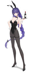 Rule 34 | 1girl, absurdres, alcohol, alternate costume, animal ears, bare shoulders, black leotard, black pantyhose, bow, bowtie, braid, breasts, cleavage, collar, cup, detached collar, drinking glass, full body, genshin impact, hand on own hip, high heels, highres, leotard, long legs, low-braided long hair, low-tied long hair, medium breasts, navel, pantyhose, playboy bunny, pumps, purple eyes, purple hair, rabbit ears, rabbit tail, raiden shogun, rikui (rella2930), skin tight, skindentation, sleeve cuffs, solo, standing, tail, tray, wine, wine glass
