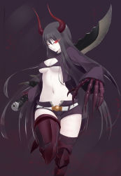 Rule 34 | 10s, 1girl, armor, bikini, bikini top only, black background, black bikini, black gold saw, black hair, black rock shooter, black thighhighs, boots, breasts, claws, cleavage, cleavage cutout, clothing cutout, foreshortening, glowing, greaves, hair between eyes, highres, holding, holding sword, holding weapon, horns, king saw, long hair, medium breasts, midriff, navel, pale skin, red eyes, short shorts, shorts, simple background, solo, standing, standing on one leg, swimsuit, sword, thighhighs, very long hair, weapon