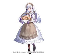 Rule 34 | 1girl, amagasa yun, apron, basket, black footwear, brown pantyhose, commentary request, cookie, dress, fire emblem, fire emblem: three houses, fire emblem heroes, food, full body, grey apron, hair ribbon, holding, holding basket, juliet sleeves, long hair, long sleeves, looking at viewer, lysithea von ordelia, maid headdress, nintendo, official alternate costume, official art, pantyhose, pink eyes, puffy sleeves, purple ribbon, ribbon, shoes, simple background, smile, solo, standing, very long hair, waist apron, white background, white dress, white hair