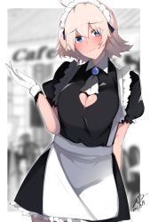 Rule 34 | 1girl, 2021, alternate costume, apron, azur lane, black dress, blue eyes, breasts, chiru (218mg), cleavage cutout, clothing cutout, dress, enmaided, gloves, highres, large breasts, looking at viewer, maid, maid headdress, oklahoma (azur lane), puffy short sleeves, puffy sleeves, short hair, short sleeves, solo, white apron, white gloves
