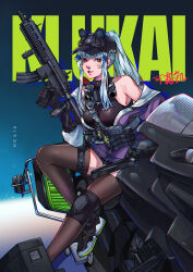 1girl absurdres assault_rifle baseball_cap black_shoes black_thighhighs breasts character_name chinese_text commentary english_commentary finger_on_trigger flashbang girls&#039;_frontline girls&#039;_frontline_2:_exilium green_eyes gun h&amp;k_hk416 hat highres hk416_(girls&#039;_frontline) holding holding_gun holding_weapon jacket kenn_arts klukai_(girls&#039;_frontline_2) knee_pads lips long_hair looking_at_viewer magazine_(weapon) motor_vehicle motorcycle multicolored_jacket off_shoulder on_motorcycle ponytail purple_jacket rifle shoes sidelocks simple_background single_knee_pad sitting sneakers solo tattoo teardrop_facial_mark teardrop_tattoo thighhighs two-tone_jacket weapon weapon_name white_jacket