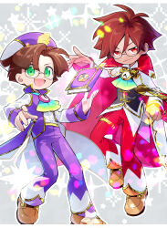Rule 34 | 2boys, analog clock, ascot, book, brooch, brown hair, cape, clock, closed mouth, coattails, collared cape, collared shirt, full body, glasses, gold trim, green eyes, hair between eyes, hat, highres, jewelry, klug (puyopuyo), long sleeves, looking at viewer, male focus, multiple boys, official alternate costume, open mouth, outline, puyo (puyopuyo), puyopuyo, puyopuyo quest, red eyes, shirt, short hair, smile, smirk, sparkle, strange klug, tekuteko, thighlet, vest, white outline, white shirt