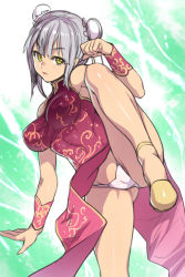 Rule 34 | 1girl, breasts, cameltoe, china dress, chinese clothes, double bun, dress, covered erect nipples, fighting stance, groin, houtengeki, impossible clothes, large breasts, leg up, legs, looking at viewer, original, panties, short hair, silver hair, sketch, skin tight, solo, standing, standing on one leg, string panties, thighs, underwear, white panties, yellow eyes
