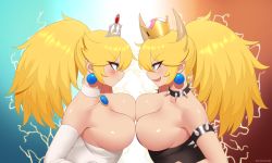 Rule 34 | 2girls, armlet, bare shoulders, blonde hair, blue eyes, borrowed character, borrowed design, bowsette, breast press, breasts, choker, crown, dress, earrings, elbow gloves, evil smile, eye contact, fang, gloves, horns, jewelry, kuroonehalf, large breasts, lightning glare, looking at another, mario (series), mini crown, multiple girls, neck ring, new super mario bros. u deluxe, nintendo, ponytail, princess peach, serious, smile, spiked armlet, spiked choker, spikes, super crown, super mario odyssey, symmetrical docking, tiara, upper body, white dress