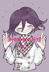 Rule 34 | 1boy, ^ ^, arm belt, az1199, belt, black scarf, blush stickers, buttons, chain, checkered clothes, checkered scarf, closed eyes, commentary request, cropped legs, danganronpa (series), danganronpa v3: killing harmony, dated, double-breasted, english text, grin, hair between eyes, happy, happy birthday, head tilt, highres, jacket, layered sleeves, long sleeves, multicolored buttons, notice lines, oma kokichi, purple background, purple hair, scarf, short hair, simple background, smile, solo, two-tone scarf, white belt, white jacket, white scarf, white sleeves