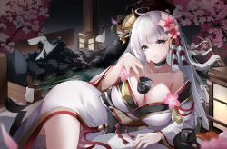 Rule 34 | 1girl, absurdres, bare shoulders, bird, black choker, blue eyes, breasts, cherry blossoms, choker, cleavage, crane (animal), flower, grey hair, hair flower, hair ornament, highres, japanese clothes, jewelry, kimono, large breasts, looking at viewer, lying, on side, onsen, original, pink flower, pouring, pouring onto self, ring, sexually suggestive, tsuru ai momono, wedding ring, white bird, white hair, white kimono