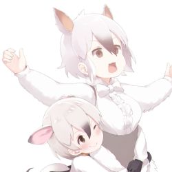 Rule 34 | 10s, 2girls, anteater ears, anteater tail, black hair, blush, bow, bowtie, center frills, extra ears, frills, gloves, grey hair, hug, hug from behind, kemono friends, long sleeves, multicolored hair, multiple girls, note (suzu note000), one eye closed, open mouth, outstretched arms, short hair, southern tamandua (kemono friends), southern tamandua ex (kemono friends), surprised, surprised, white hair
