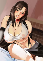Rule 34 | 1990s (style), 1girl, artist request, bare shoulders, blush, breasts, brown eyes, brown hair, cleavage, collar, elbow gloves, female pubic hair, final fantasy, final fantasy vii, gloves, huge breasts, large areolae, long hair, midriff, miniskirt, no panties, pencil skirt, pubic hair, retro artstyle, see-through, skirt, smile, solo, square enix, suspender skirt, suspenders, tifa lockhart, underboob