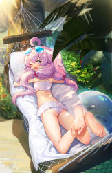 Rule 34 | 1girl, ahoge, ass, bare legs, barefoot, bikini, blue archive, blue eyes, eyewear on head, fang, feet, foreshortening, frilled bikini, frills, hair bobbles, hair ornament, hammock, highres, hoshino (blue archive), hoshino (swimsuit) (blue archive), long hair, looking at viewer, low twintails, lying, manic shd, on stomach, one eye closed, open mouth, palm tree, pillow, pink hair, smile, soles, solo, summer, sunglasses, swimsuit, thighs, toes, tree, twintails, white bikini