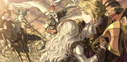 Rule 34 | 1boy, 3girls, animal, arm around waist, armor, banner, barding, battle, battle standard, battlefield, black armor, black hairband, blonde hair, blue hair, brown gloves, cape, cavalry, charging forward, circlet, cloud, commentary request, corrin (female) (fire emblem), corrin (fire emblem), dated commentary, day, emblem, fire, fire emblem, fire emblem fates, flag, flagpole, floating hair, garter straps, gauntlets, gloves, gold trim, gradient hair, greaves, group battle, hairband, harusame (rueken), hinoka (fire emblem), holding, holding another&#039;s wrist, holding lance, holding polearm, holding weapon, horse, horseback riding, knight, lance, long hair, looking at another, looking to the side, multicolored hair, multiple girls, nintendo, outdoors, pauldrons, pegasus, peri (fire emblem), plate armor, polearm, purple hair, red cape, red gloves, red hair, reins, riding, saddle, short hair, shoulder armor, silver hair, sky, soldier, standing, thighhighs, upper body, war, war flag, weapon, xander (fire emblem)