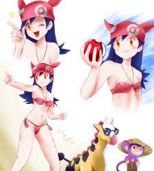 Rule 34 | 1girl, absurdres, aipom, bandana, bikini, blue hair, breasts, creatures (company), flatpancakesjim, flatpankakesjim, game freak, gen 2 pokemon, girafarig, highres, lisa (pokemon), long hair, medium breasts, multiple views, nintendo, pokemon, pokemon (anime), pokemon (classic anime), pokemon 3: the movie - spell of the unown: entei, simple background, smile, sunglasses, swimsuit, yellow eyes