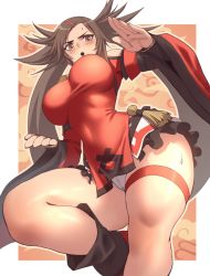 Rule 34 | 1girl, :o, bare legs, bare shoulders, blush, border, breasts, brown eyes, brown hair, carcass (artist), china dress, chinese clothes, covered navel, detached sleeves, dress, fighting stance, from below, guilty gear, guilty gear xrd, hair ornament, hairclip, high heels, highres, kuradoberi jam, large breasts, leg up, long hair, looking at viewer, looking down, open mouth, panties, simple background, skin tight, skirt, solo, sweat, sweatdrop, thick thighs, thigh strap, thighs, underwear, upskirt, white border, white panties, wide sleeves