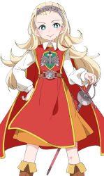 Rule 34 | 1girl, anlucea, blonde hair, blue eyes, blush, boots, brown footwear, cape, closed mouth, dragon quest, dragon quest x, hairband, ixy, long hair, long sleeves, looking at viewer, red cape, simple background, smile, solo, standing, sword, weapon, white background, white sleeves