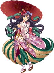 Rule 34 | 1girl, artist request, bad source, black hair, blush, bow, breasts, extra tails, flower, geta, hair bow, hair flower, hair ornament, holding, holding umbrella, japanese clothes, kagachi (monster musume), kimono, long hair, medium breasts, monster musume no iru nichijou, monster musume no iru nichijou online, obi, official art, oil-paper umbrella, open mouth, purple eyes, red flower, sash, scales, snake hair, snake tail, solo, tabi, tail, transparent background, umbrella, yukata