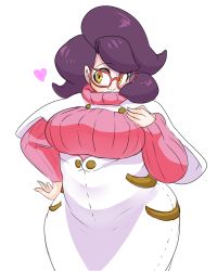 Rule 34 | 10s, 1girl, breasts, creatures (company), fat, game freak, glasses, large breasts, mad8867, nintendo, pokemon, pokemon sm, purple hair, ribbed sweater, solo, sweater, turtleneck, weight gain, wicke (pokemon), wide hips, yellow eyes