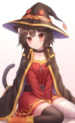 Rule 34 | 1girl, absurdres, animal ear fluff, animal ears, bandaged leg, bandages, black cape, black choker, black hat, black thighhighs, boots, cape, cat ears, cat tail, chestnut mouth, choker, dress, gradient background, hat, highres, kono subarashii sekai ni shukufuku wo!, long sleeves, looking at viewer, megumin, orange footwear, parted lips, red dress, red eyes, seungju lee, short hair with long locks, sidelocks, single thighhigh, sitting, solo, tail, thighhighs, wariza, witch hat