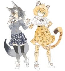 Rule 34 | 10s, 2girls, animal ears, belt, blonde hair, bow, bowtie, calligraphy brush, center frills, coat, commentary request, elbow gloves, frills, full body, fur collar, fur trim, gloves, grey hair, grey wolf (kemono friends), heterochromia, holding hands, jaguar (kemono friends), jaguar ears, jaguar print, jaguar tail, kemono friends, konabetate, long hair, long sleeves, multicolored hair, multiple girls, necktie, paintbrush, plaid, plaid skirt, pleated skirt, puffy short sleeves, puffy sleeves, short hair, short sleeves, simple background, skirt, sleeve cuffs, sweatdrop, tail, thighhighs, white background, white hair, wolf ears, wolf tail
