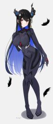 Rule 34 | 1girl, absurdres, asymmetrical horns, black hair, blue hair, bodysuit, breasts, colored inner hair, demon horns, grey bodysuit, hair ornament, highres, hololive, hololive english, horns, large breasts, long hair, long legs, looking at viewer, magui3, mole, mole under eye, multicolored hair, neon genesis evangelion, nerissa ravencroft, nerissa ravencroft (1st costume), pilot suit, plugsuit, red eyes, solo, two-tone hair, uneven horns, very long hair, virtual youtuber