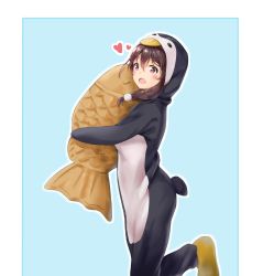 Rule 34 | 1girl, animal costume, bird, blue background, blush, brown hair, commentary, food, from side, hair between eyes, hair ornament, heart, holding, holding food, looking at viewer, open mouth, original, pajamas, penguin, penguin costume, qoray7, red eyes, simple background, taiyaki, wagashi